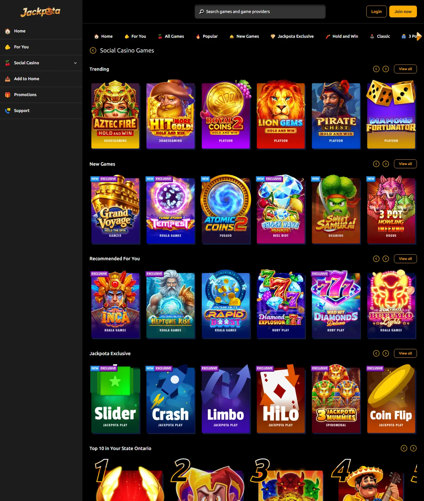 Jackpota lobby, captured by our team
