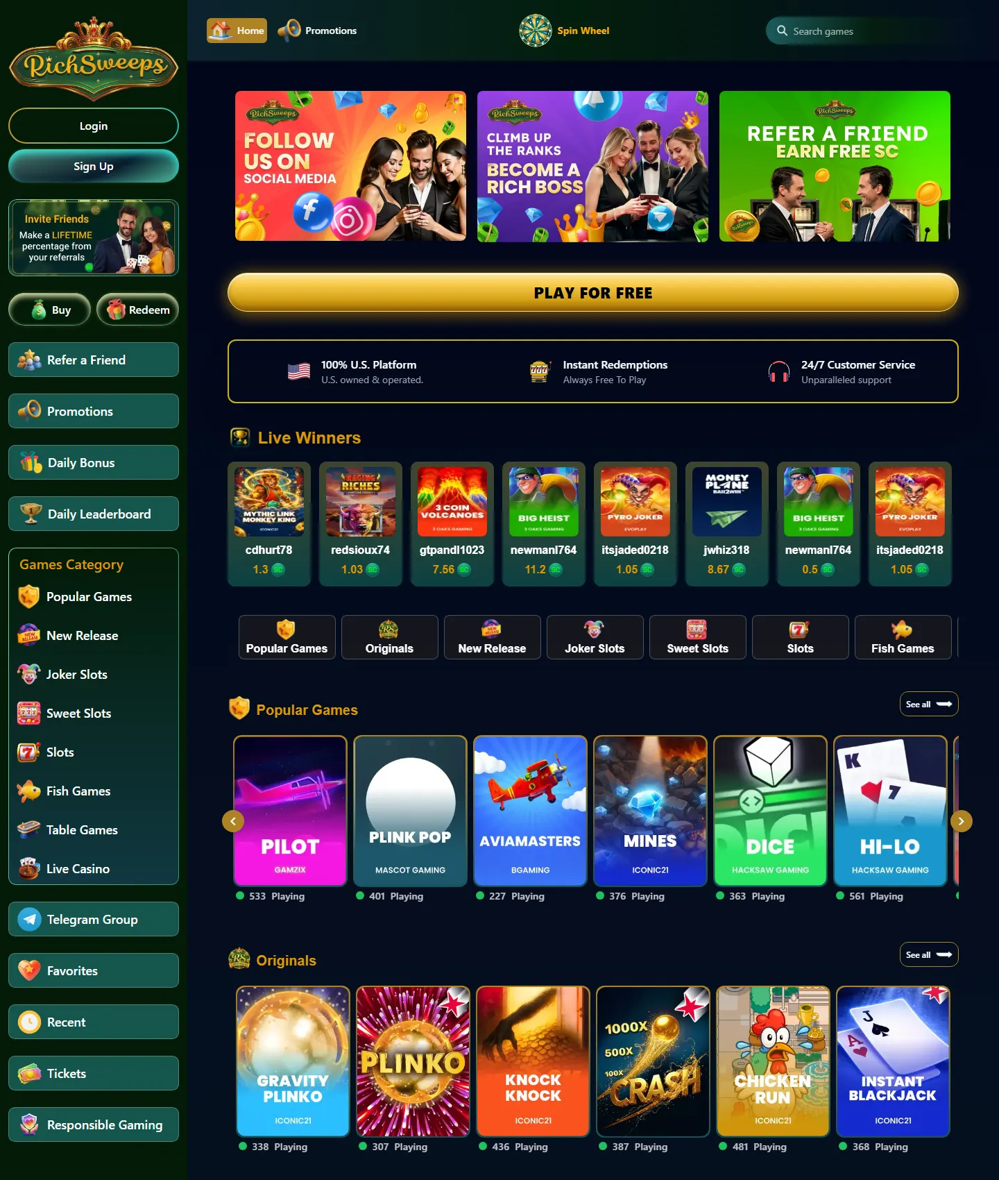 RichSweeps lobby, captured by our team