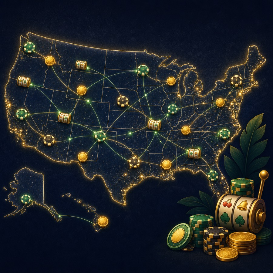 US map dotted with casino chips and slot symbols